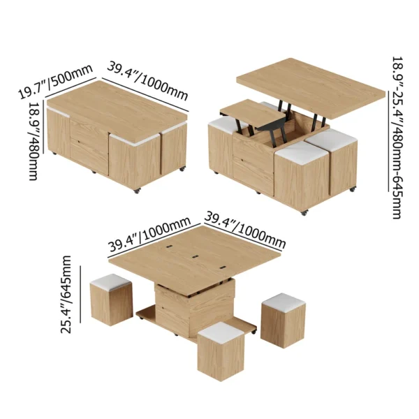 39" Lift-Top Foldable Natural Coffee Table with 4 Stools & Storage - Image 6