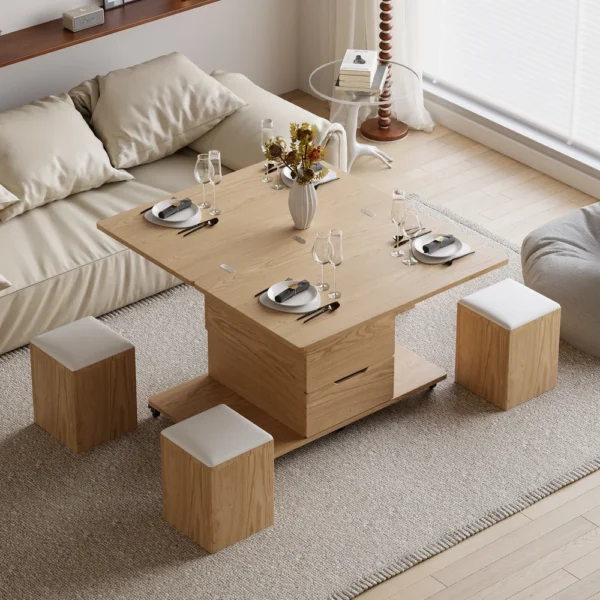 39" Lift-Top Foldable Natural Coffee Table with 4 Stools & Storage - Image 8