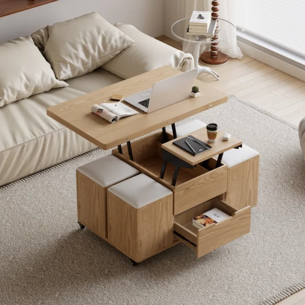 39" Lift-Top Foldable Natural Coffee Table with 4 Stools & Storage